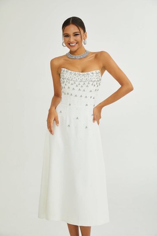 Paloma White Midi Dress with Off-the-Shoulder Design and Embellishments