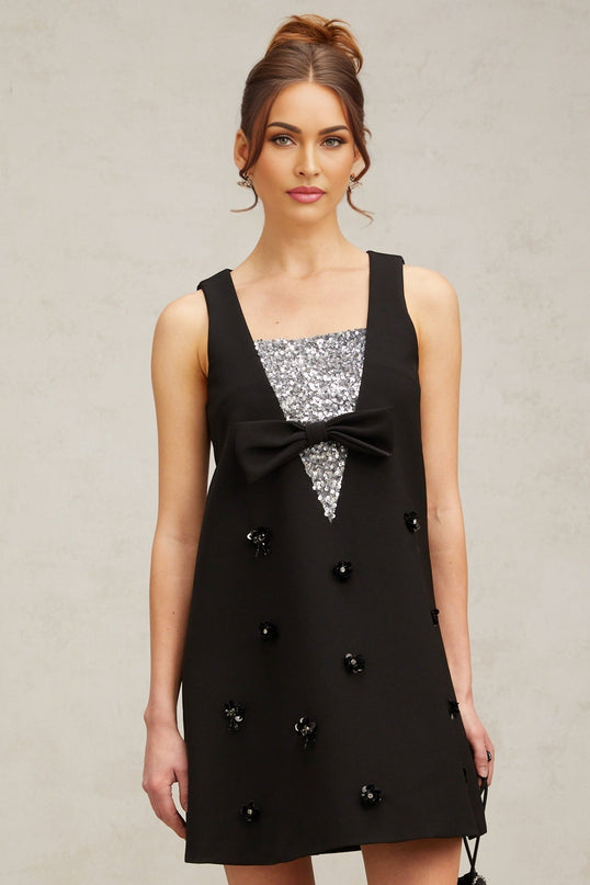 Paola Black Sequin Bow Mini Dress with Flower Appliqué A-line Silhouette