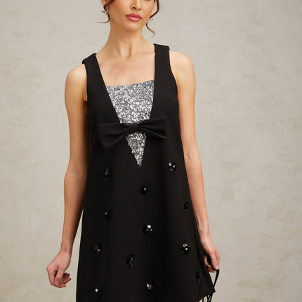 Paola Black Sequin Bow Mini Dress with Flower Appliqué A-line Silhouette