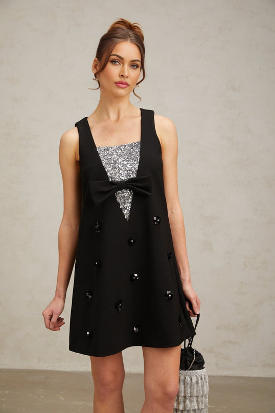 Paola Black Sequin Bow Mini Dress with Flower Appliqué A-line Silhouette