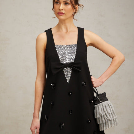 Paola Black Sequin Bow Mini Dress with Flower Appliqué and A-Line Silhouette