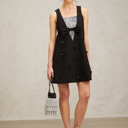 Paola Black Sequin Bow Mini Dress with Flower Appliqué A-line Silhouette Rear Zip Fastening Thigh Length 100% Terylene Luxury Style Special Occasions Glamour