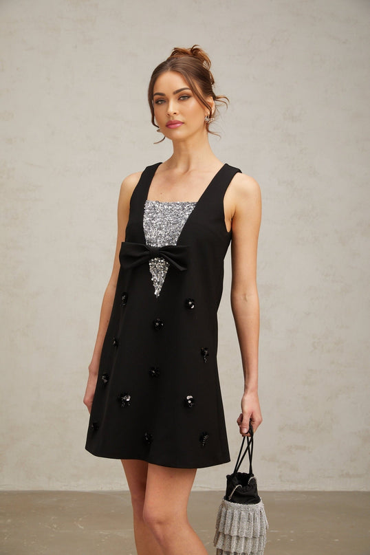 Paola Black Sequin Bow Mini Dress A-line Flower Appliqué Thigh Length Luxury Glamour