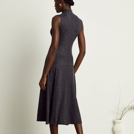 Paola Midi Dress in Anthracite Grey Wool Acrylic Blend with Rhinestone Embellishments