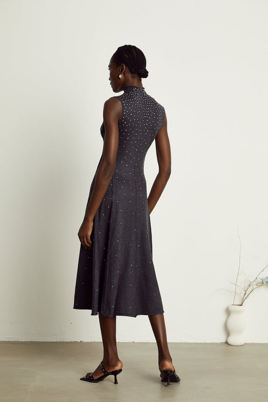 Paola Midi Dress in Anthracite Grey Wool Acrylic Blend with Rhinestone Embellishments