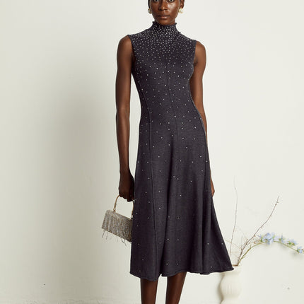 Paola Midi Dress in Anthracite Grey Wool Acrylic Blend with Rhinestone Embellishments