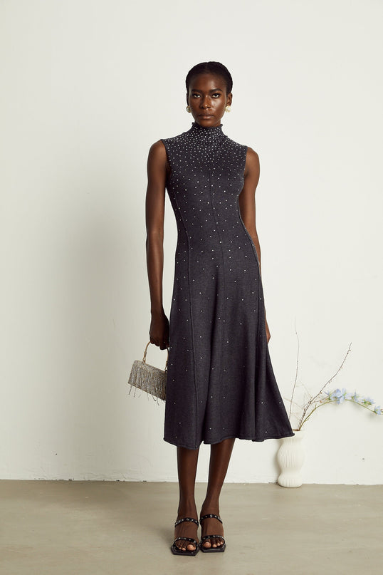 Paola Midi Dress in Anthracite Grey Wool Acrylic Blend with Rhinestone Embellishments