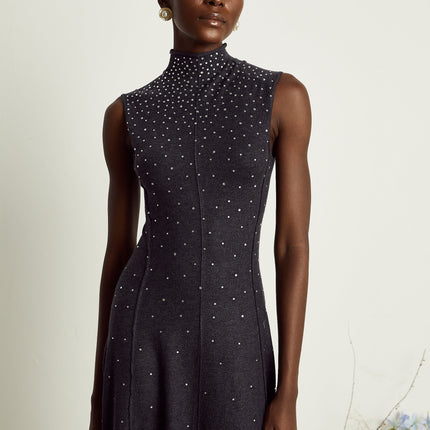 Paola Midi Dress in Anthracite Grey Wool Acrylic Blend with Rhinestone Embellishments