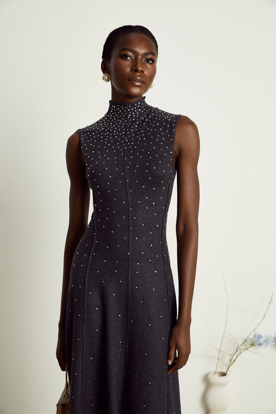 Paola Midi Dress in Anthracite Grey Wool Acrylic Blend with Rhinestone Embellishments