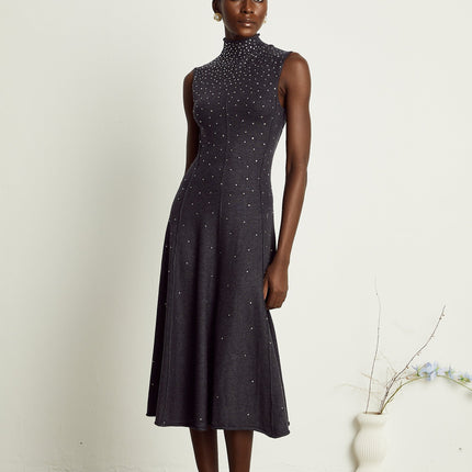 Paola Midi Dress in Anthracite Grey Wool Acrylic Blend with Rhinestone Embellishments