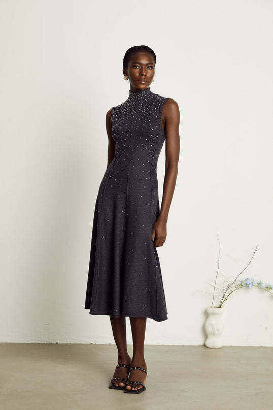 Paola Midi Dress in Anthracite Grey Wool Acrylic Blend with Rhinestone Embellishments