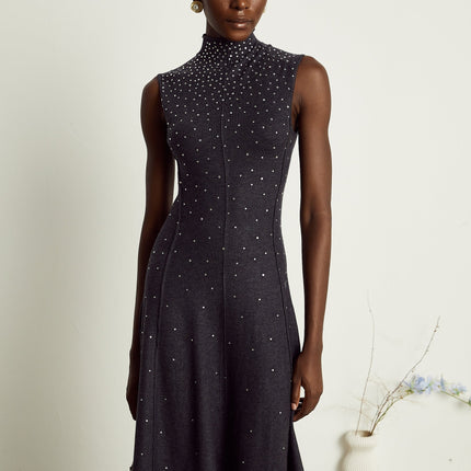 Paola Midi Dress in Anthracite Grey Wool Acrylic Blend with Rhinestone Embellishments
