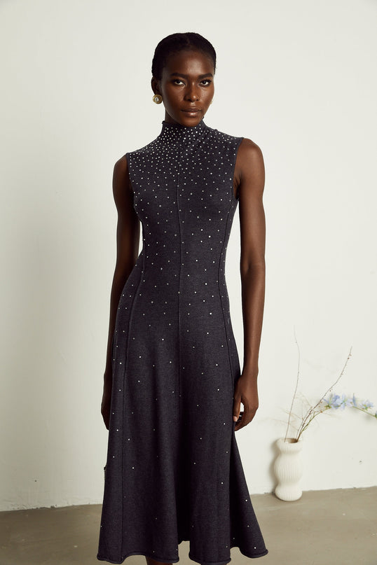 Paola Midi Dress in Anthracite Grey Wool Acrylic Blend with Rhinestone Embellishments