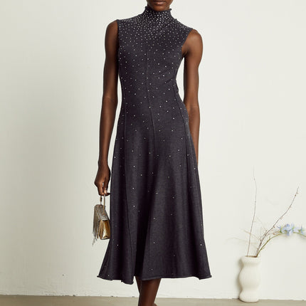 Paola Midi Dress in Anthracite Grey Wool Acrylic Blend with Rhinestone Embellishments
