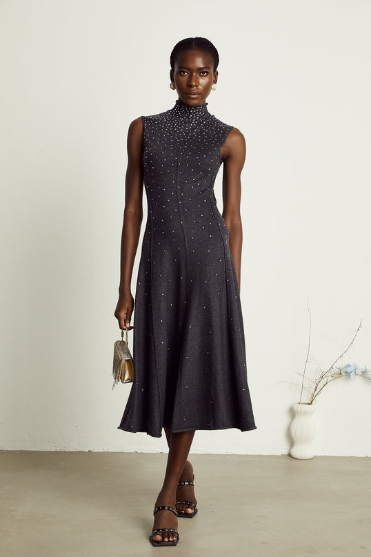 Paola Midi Dress in Anthracite Grey Wool Acrylic Blend with Rhinestone Embellishments
