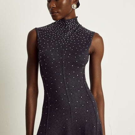 Paola Midi Dress in Anthracite Grey Wool Acrylic Ribbed Knit Rhinestone Embellishments