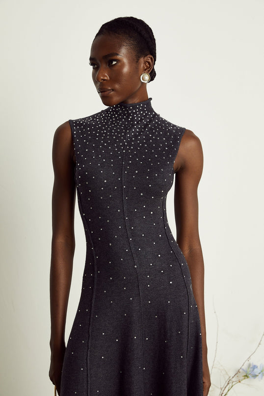Paola Midi Dress in Anthracite Grey Wool Acrylic Ribbed Knit Rhinestone Embellishments