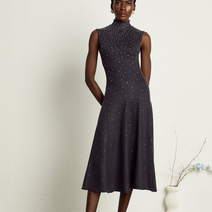 Paola Midi Dress in Anthracite Grey Wool Acrylic Blend with Rhinestone Embellishments