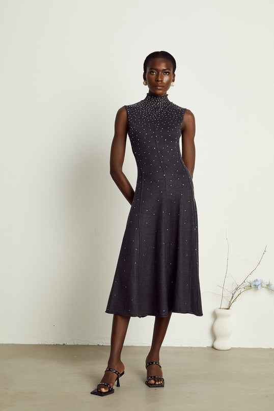 Paola Midi Dress in Anthracite Grey Wool Acrylic Blend with Rhinestone Embellishments
