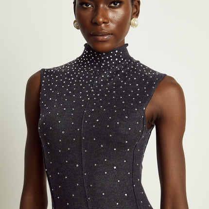 Paola Midi Dress in Anthracite Grey Wool Acrylic Blend with Rhinestone Embellishments