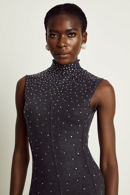 Paola Midi Dress in Anthracite Grey Wool Acrylic Blend with Rhinestone Embellishments