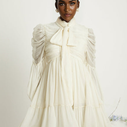 Paola Neutrals Mini Dress with Mock Neck and Puff Sleeves
