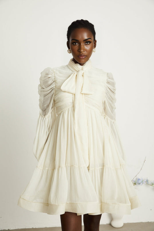 Paola Neutrals Mini Dress with Mock Neck and Puff Sleeves