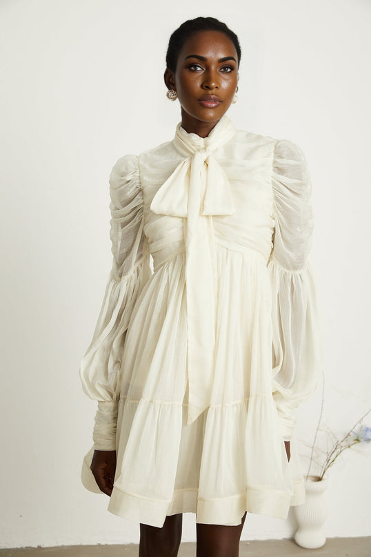 Paola Neutrals Mini Dress mock neck long puff sleeves tuck detailing gathered design pleated skirt rear zip fastening luxurious blend Terylene fiber Spandex timeless beauty