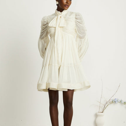 Paola Neutrals Mini Dress with Mock Neck and Puff Sleeves