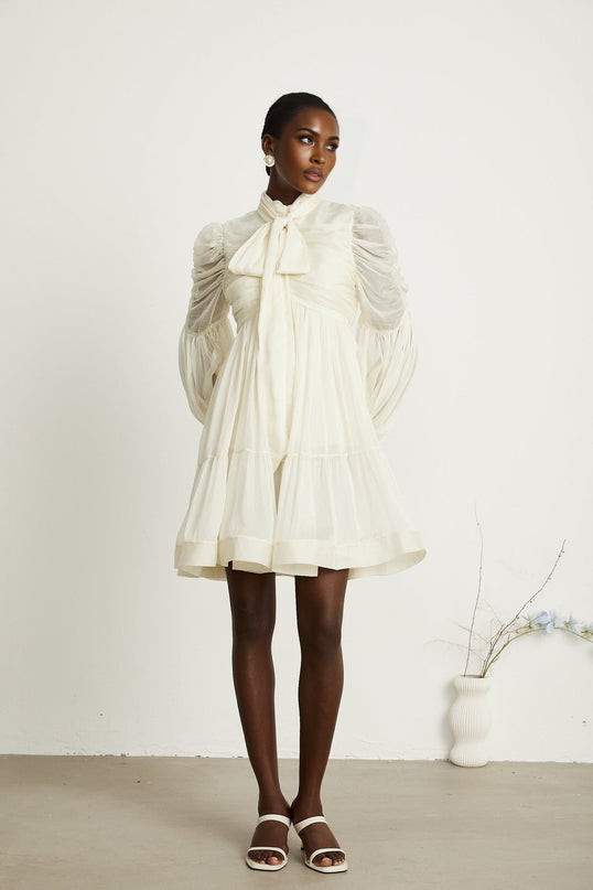 Paola Neutrals Mini Dress with Mock Neck and Puff Sleeves