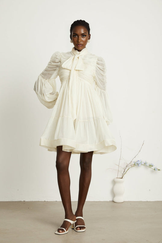 Paola Neutrals Mini Dress mock neck puff sleeves tuck detailing pleated skirt Spandex blend elegance sophistication beauty