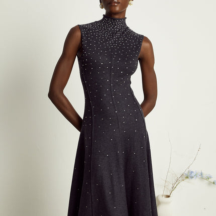 Paola Wool Acrylic Midi Dress in Anthracite Grey with Rhinestone Embellishments