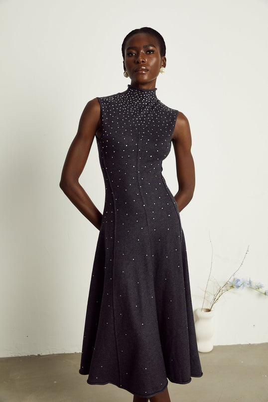 Paola Wool Acrylic Midi Dress in Anthracite Grey with Rhinestone Embellishments