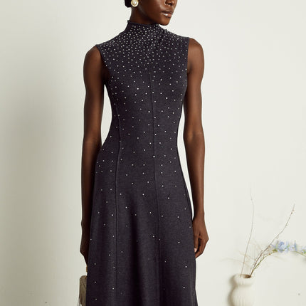 Paola Wool Acrylic Midi Dress in Anthracite Grey with Rhinestone Embellishments