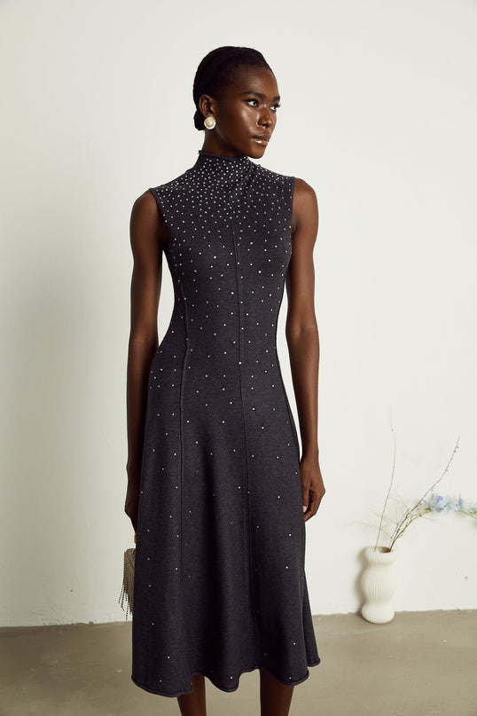 Paola Wool Acrylic Midi Dress in Anthracite Grey with Rhinestone Embellishments
