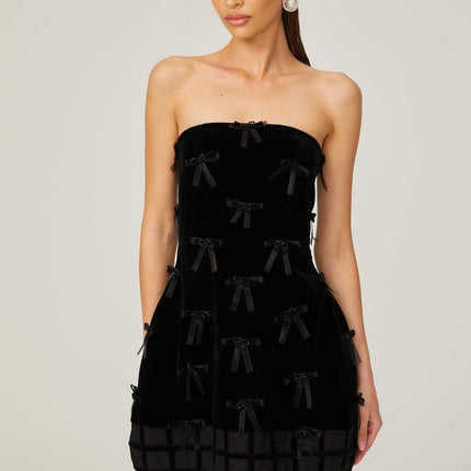 Paolina Black Mini Dress with Off-the-Shoulder Design and Bow Detailing