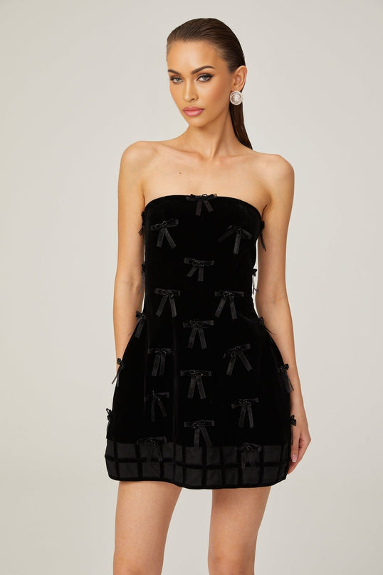 Paolina Black Mini Dress with Off-the-Shoulder Design and Bow Detailing