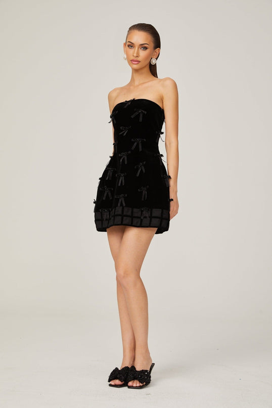 Paolina Black Mini Dress with Off-the-Shoulder Design and Bow Detailing
