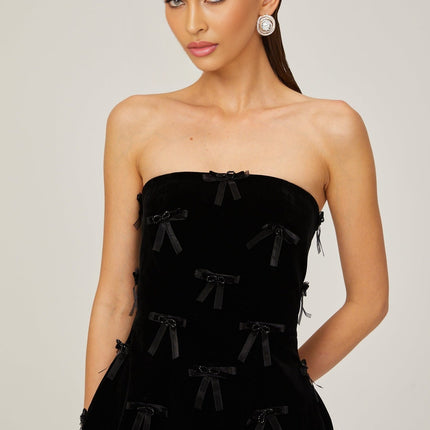 Paolina Black Mini Dress with Off-the-Shoulder Design and Bow Detailing