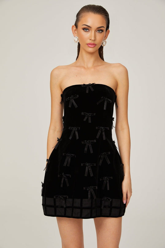 Paolina Black Mini Dress with Off-the-Shoulder Design and Bow Detailing