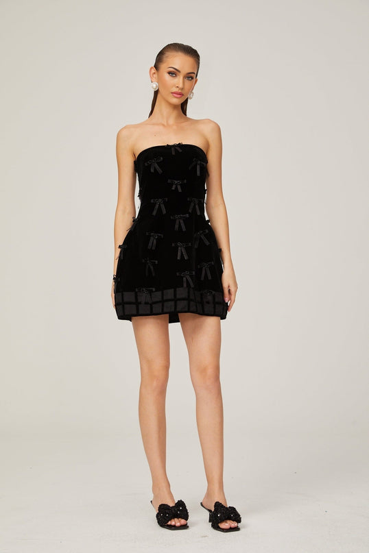 Paolina Black Mini Dress with Off-the-Shoulder Design and Bow Detailing