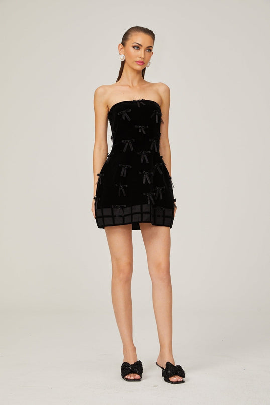 Paolina Black Mini Dress with Off-the-Shoulder Design and Bow Detailing