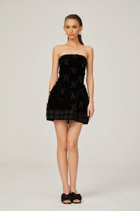 Paolina Black Mini Dress Off-Shoulder Bow Flared Skirt A-Line 100% Polyester Special Occasions Evening Events Feminine Sophisticated Timeless Style Luxurious Craftsmanship
