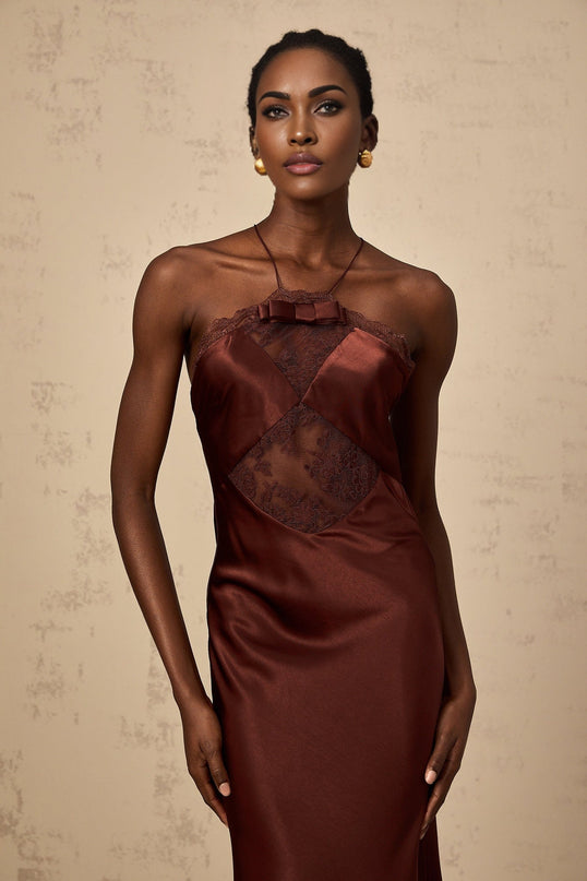 Paolina Bordeaux Red Maxi Dress with Lace Panelling