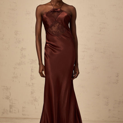 Paolina Bordeaux Red Maxi Dress with Lace Panelling