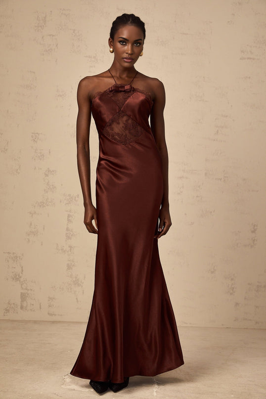 Paolina Bordeaux Red Maxi Dress with Lace Panelling