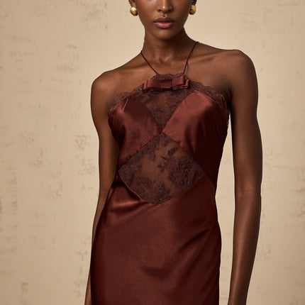 Paolina Bordeaux Red Maxi Dress with Lace Panelling