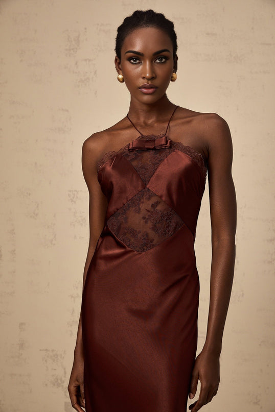 Paolina Bordeaux Red Maxi Dress with Lace Panelling