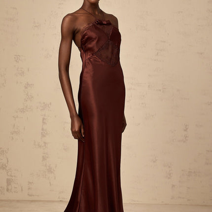 Paolina Bordeaux Red Maxi Dress with Lace Panelling
