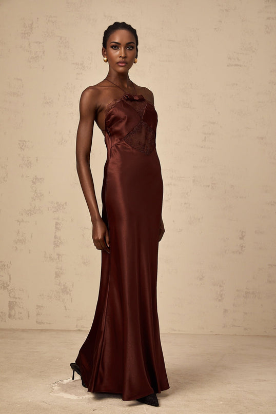 Paolina Bordeaux Red Maxi Dress with Lace Panelling